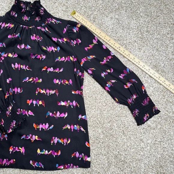 Kate Spade New York Womens Size S Bird Print Smocked High Neck Blouse Black - Picture 6 of 14